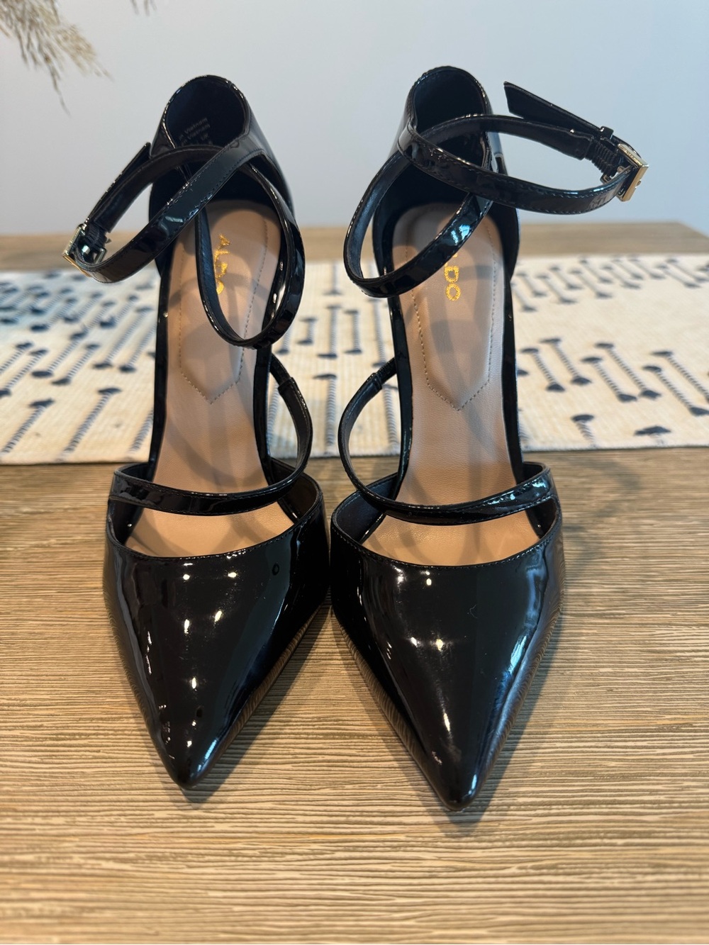 ALDO Black Patent Pointed-Toe Ankle-Strap Pumps